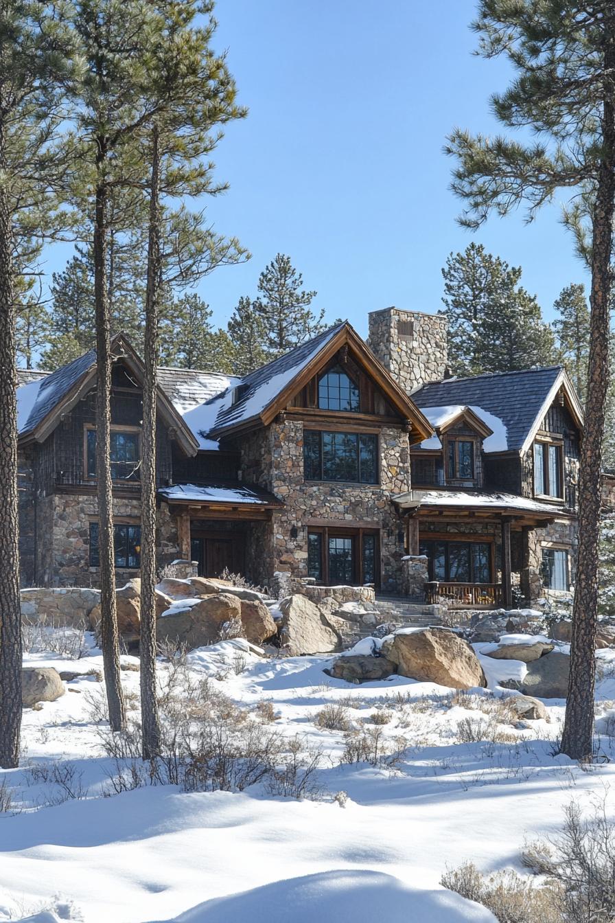 Rustic stone house in a snowy forest setting