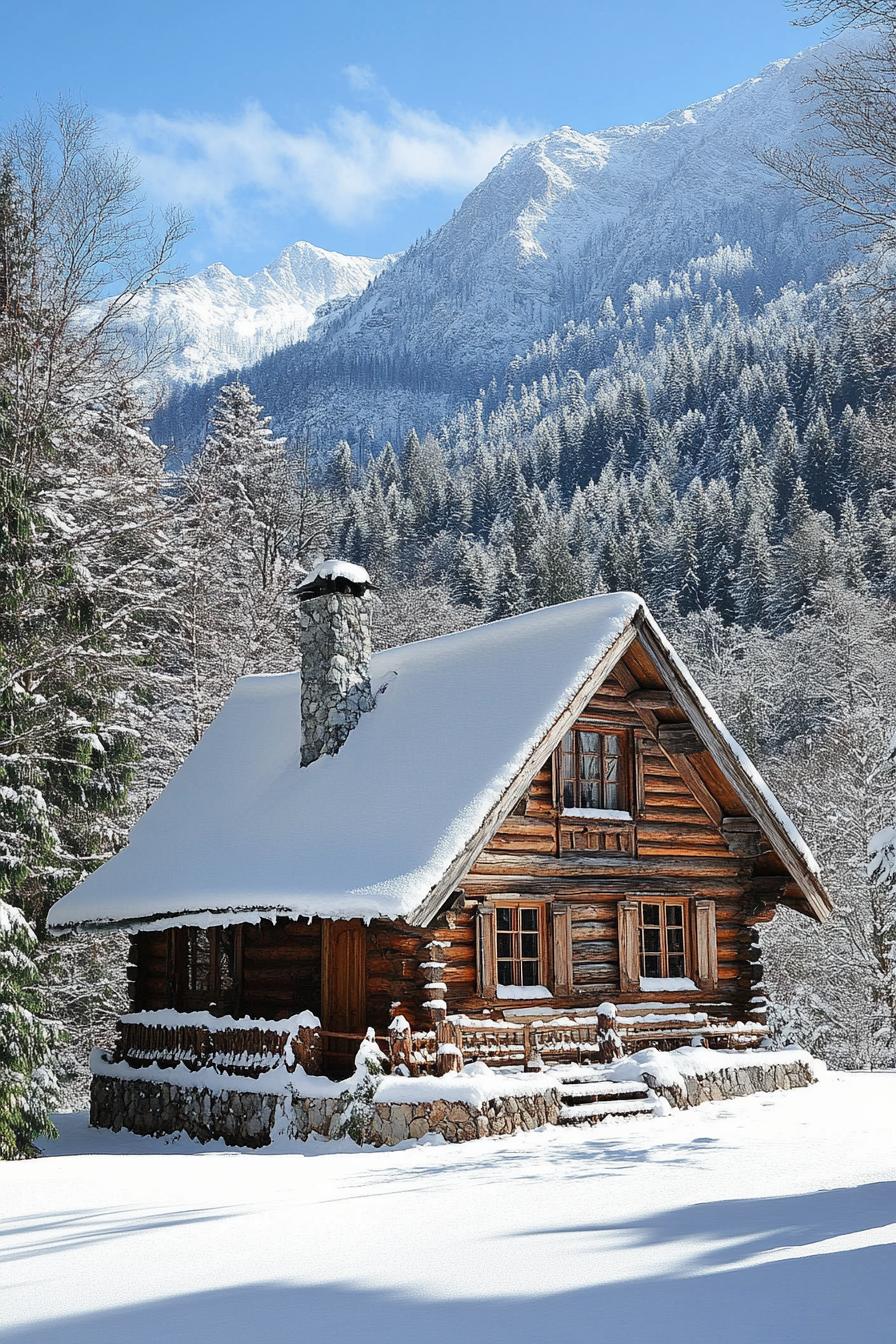 Rustic log cabin surrounded by snow and mountains