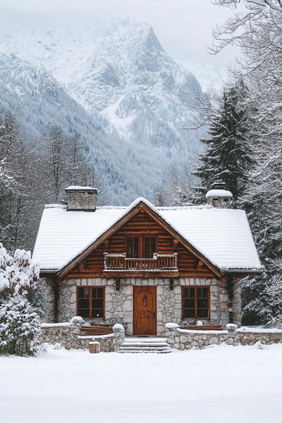 Stone cabin with wooden accents surrounded by snow and mountains