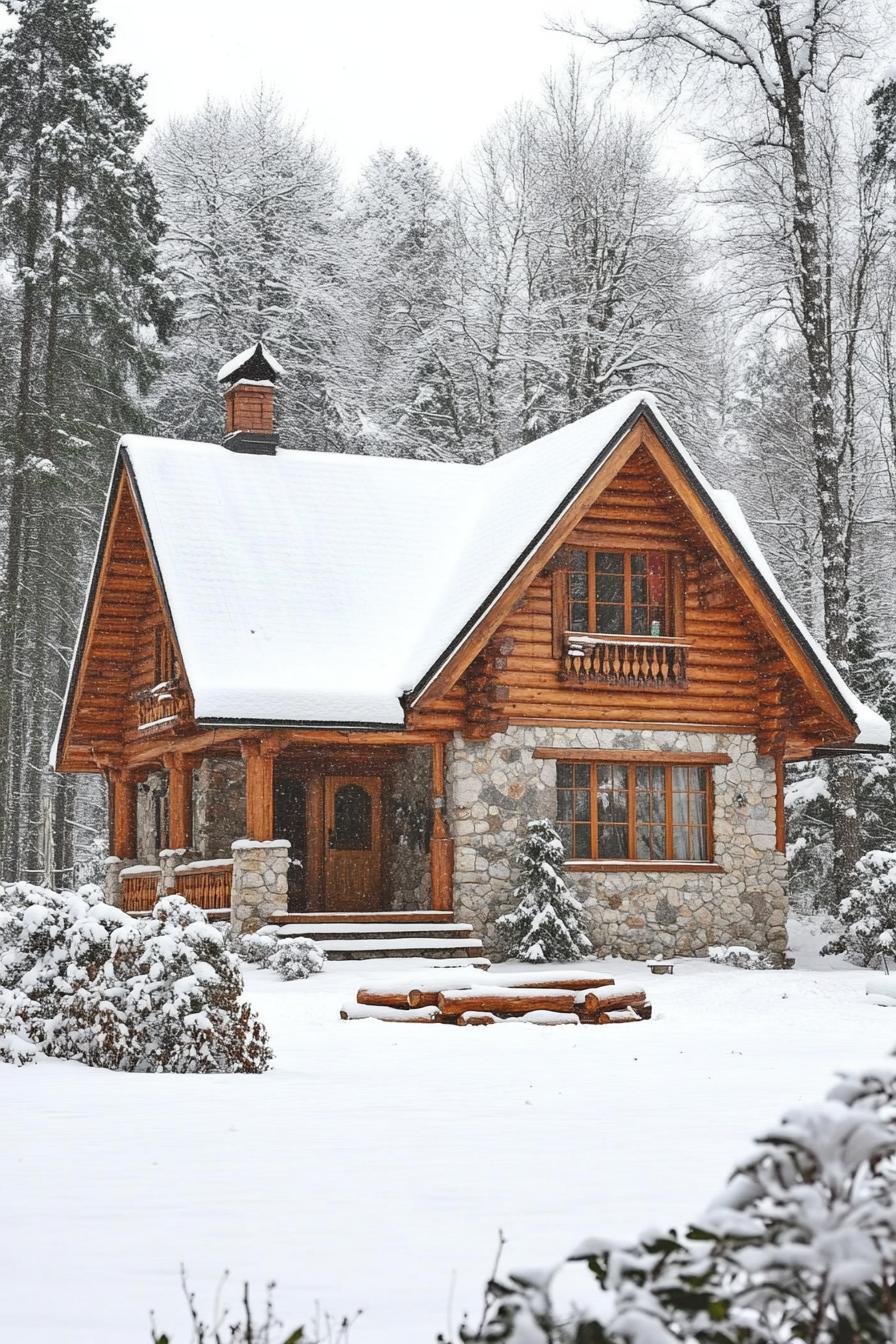 Log cabin nestled in snow-covered forest