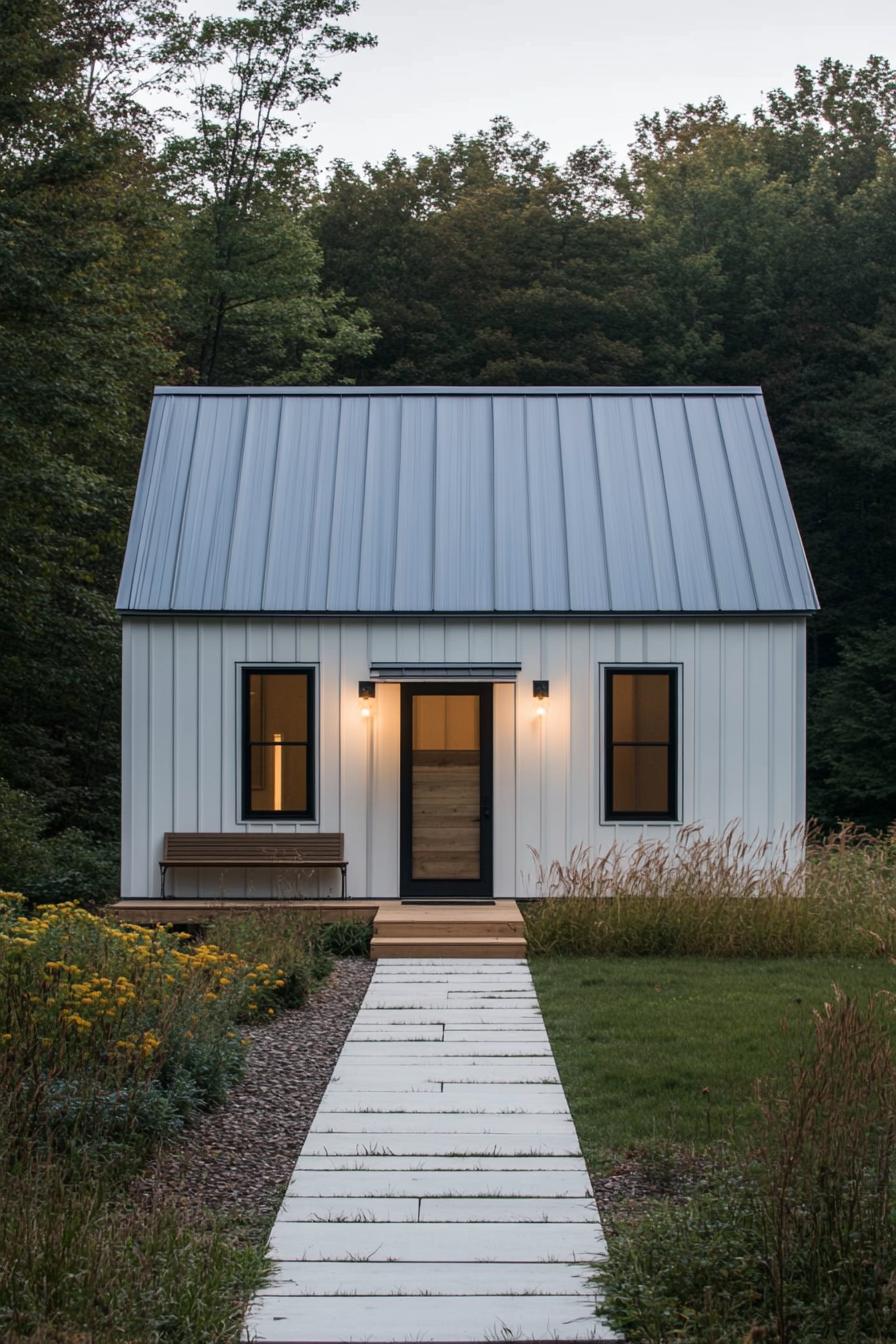 Cozy metal home with a wooden path