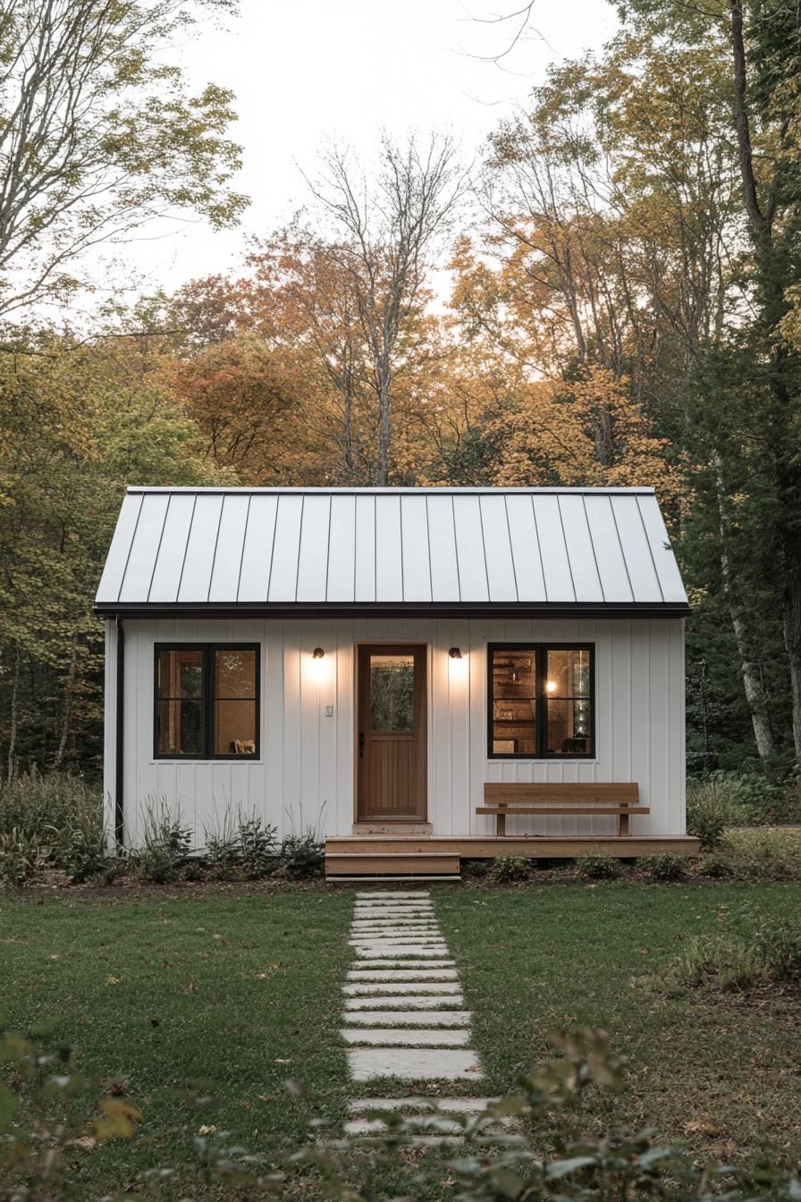 Cozy metal cottage with a white exterior in a wooded area