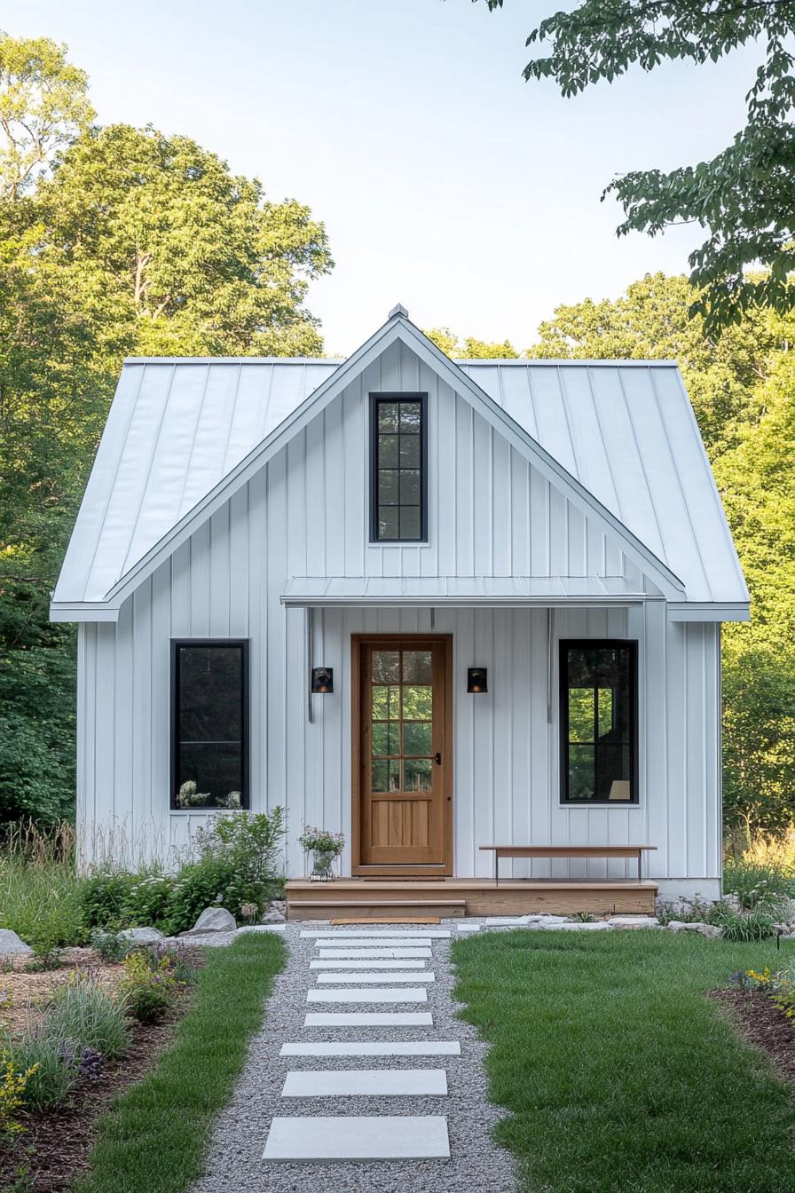 Small metal-clad house with a wooden door and lush garden path