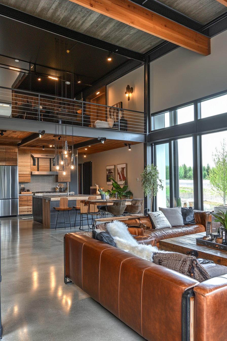 Open-plan modern loft with leather couch and kitchen