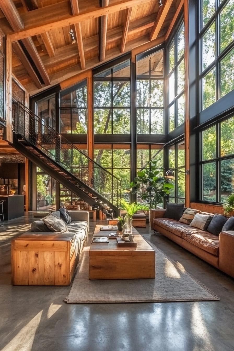 Spacious living room with huge windows and a stylish staircase