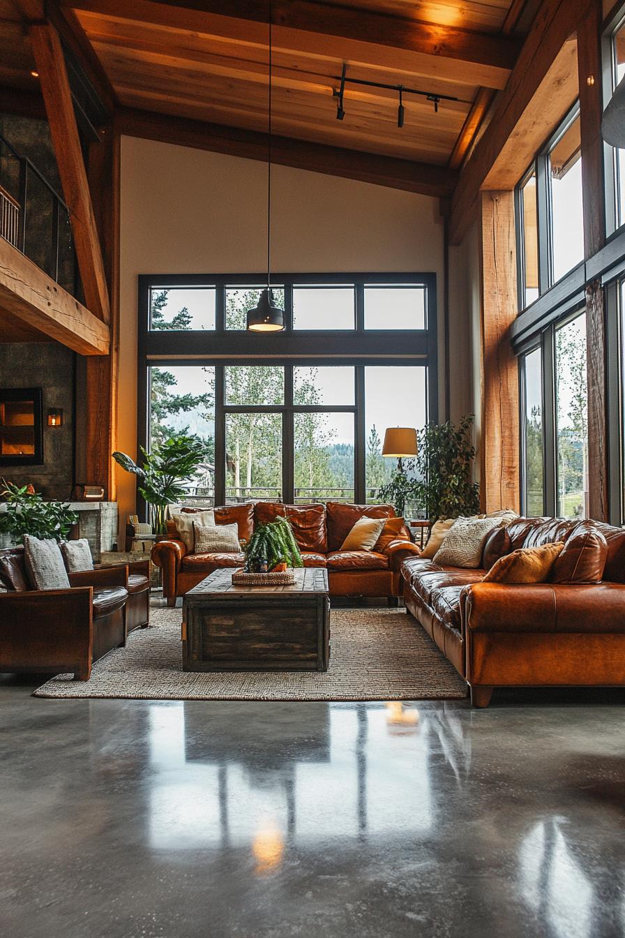 Luxurious living room with leather couches and large windows