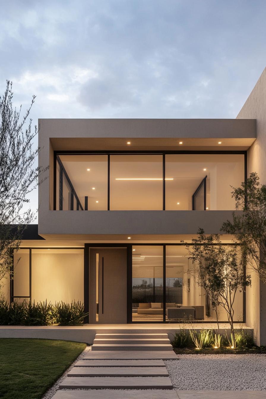 Modern house with large windows at dusk