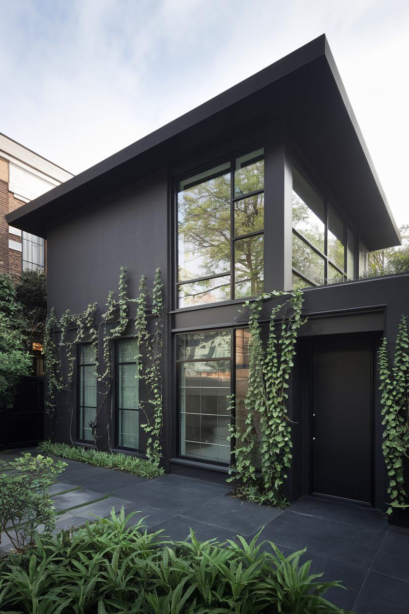 Contemporary black house with large windows and ivy