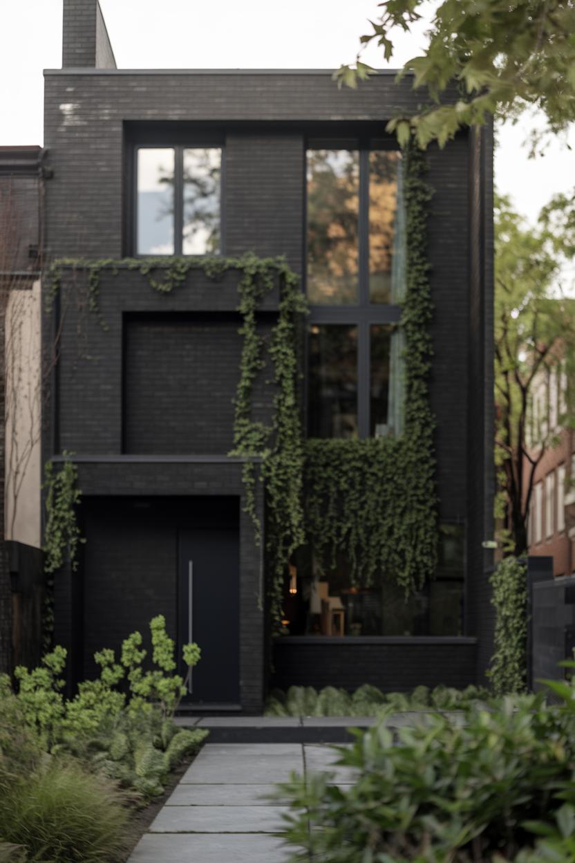 Modern black house with ivy-covered facade