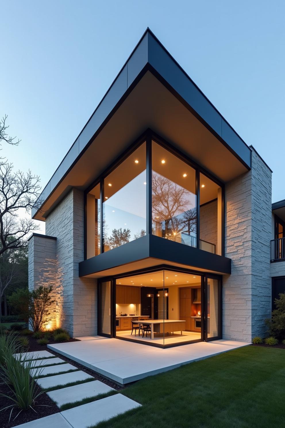 Modern home with large glass windows and lit interior