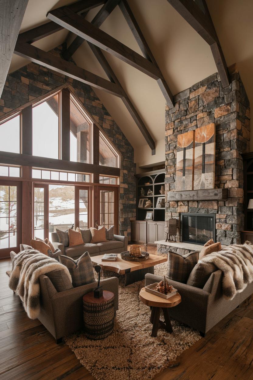 Luxurious winter cabin with stone walls and plush furnishings