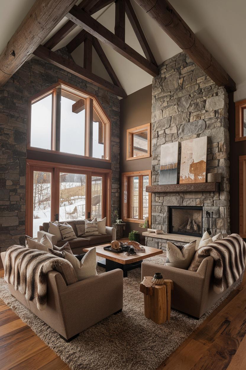 Warm living room with stone fireplace and wooden accents