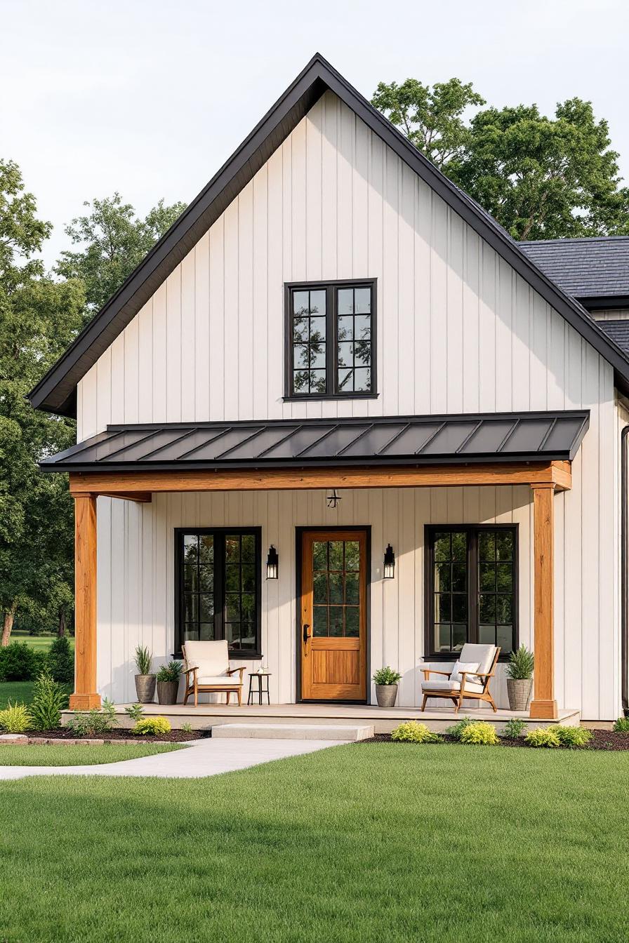 Charming white gable house with porch and chairs