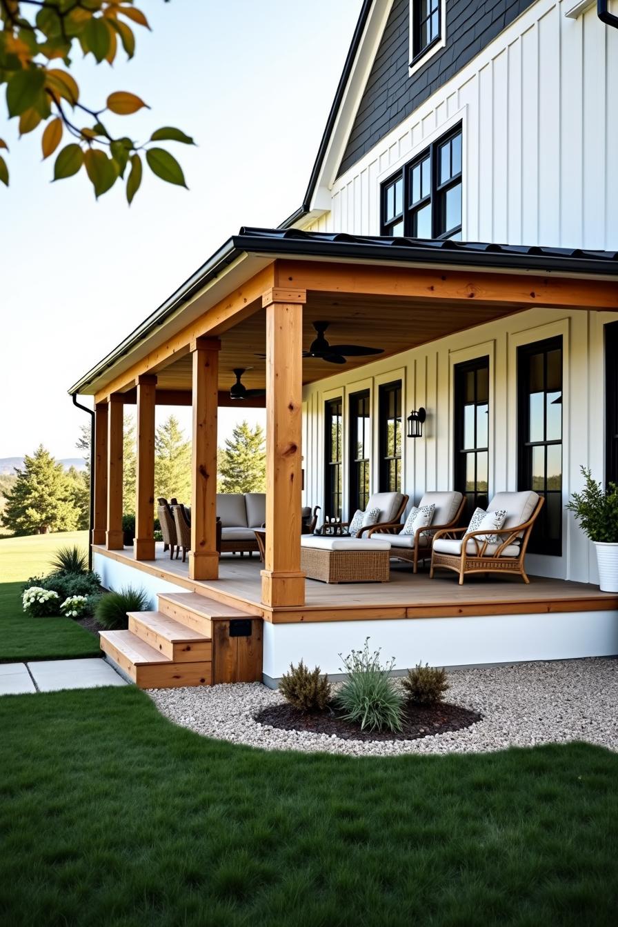 Cozy porch with wooden beams and comfy seating