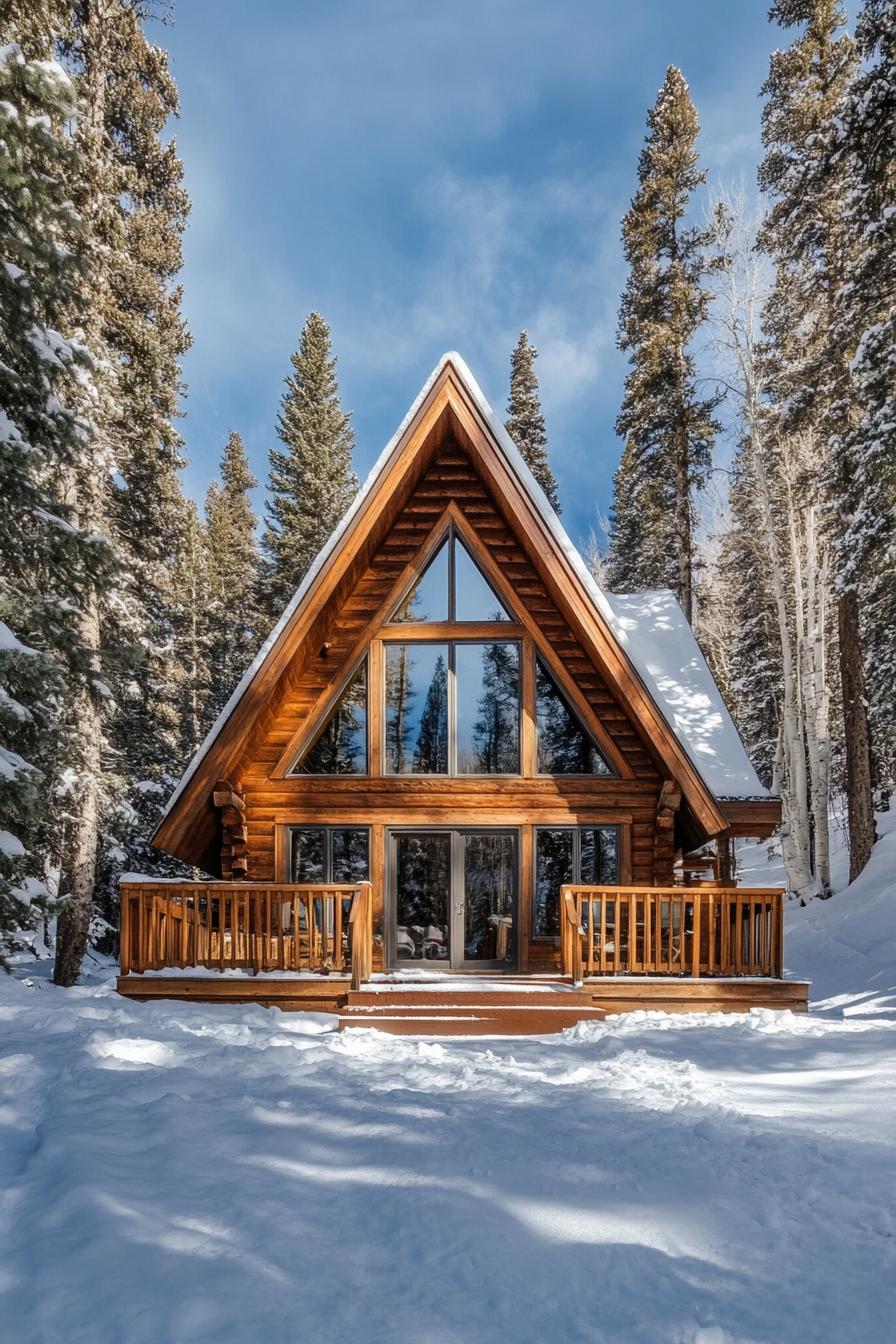 A-frame cabin with large glass windows in a snowy forest