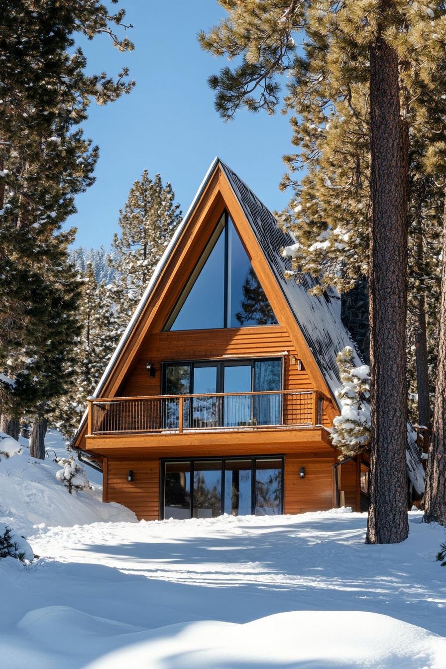 A-frame cabin surrounded by snow and trees