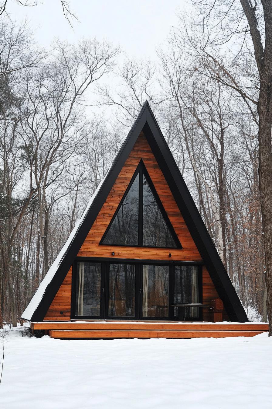 A-frame cabin surrounded by snowy forest