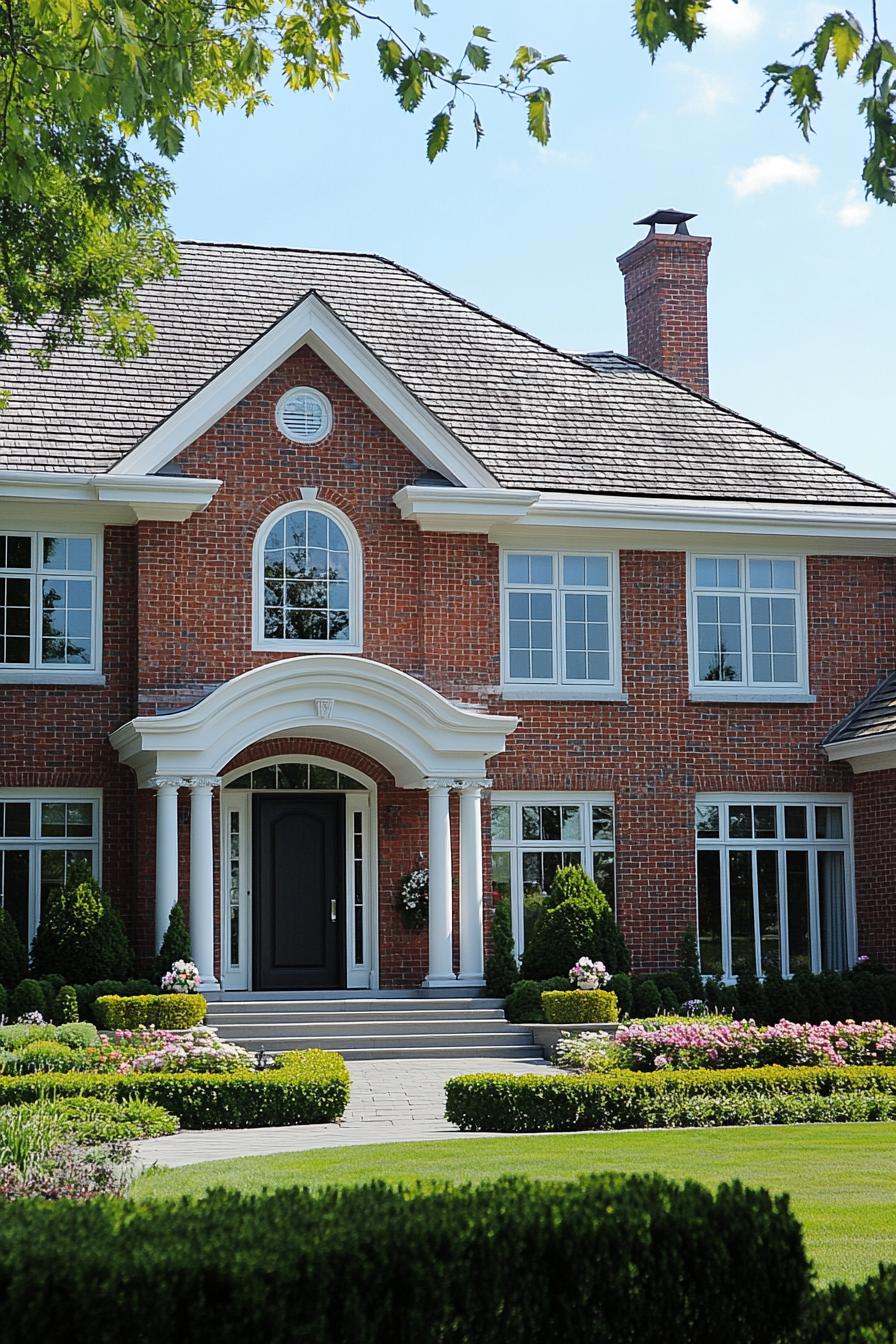 Stately red brick house with manicured garden