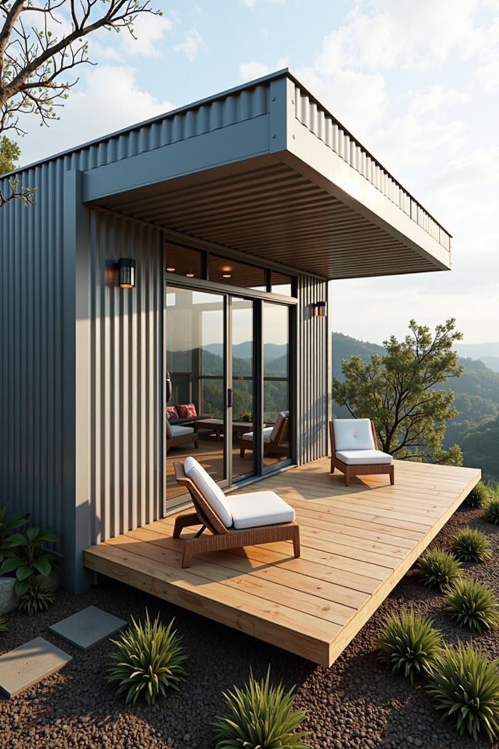 Small modern container house with patio chairs