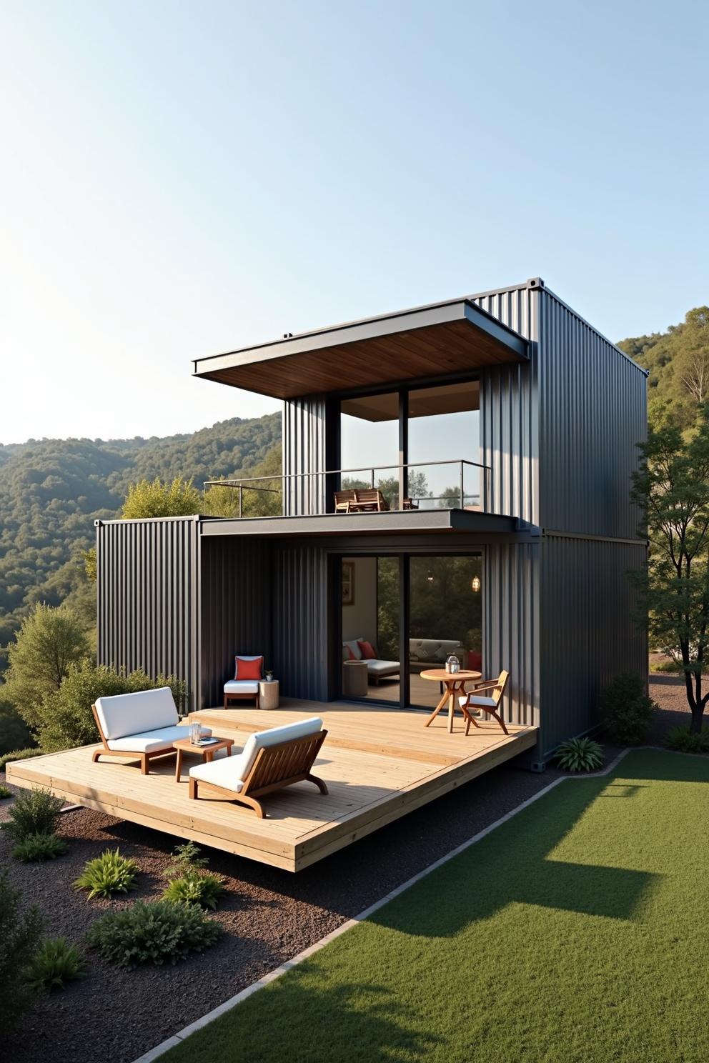 Compact two-story container house with terrace in a lush setting