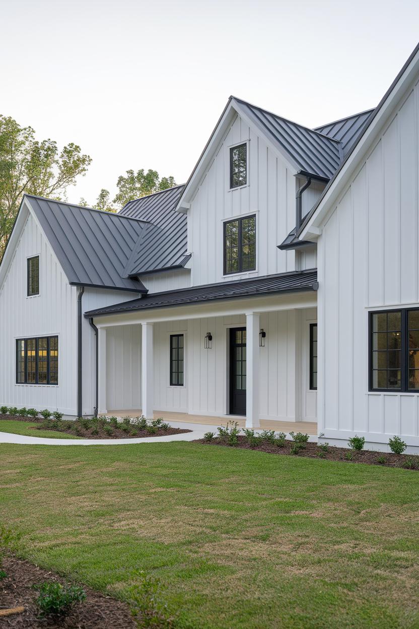 Front view of a white board-and-batten house with a black metal roof and green lawn