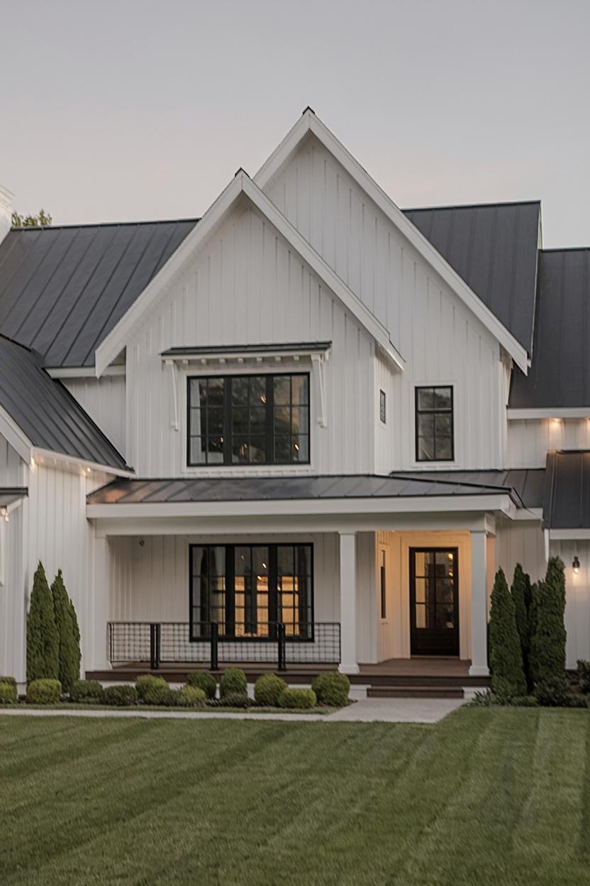 White house with black roof and large windows