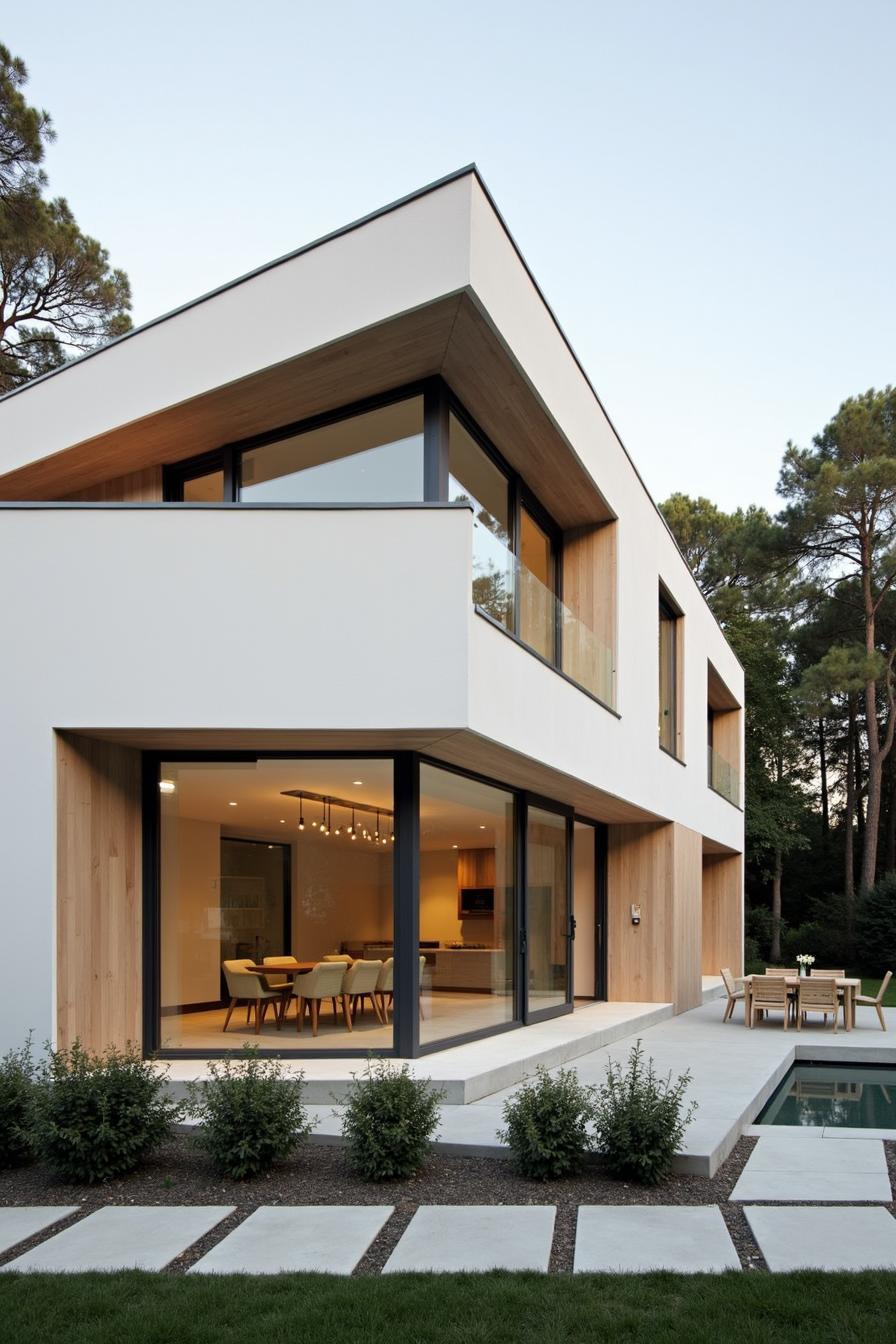 Modern two-story house with large windows and patio