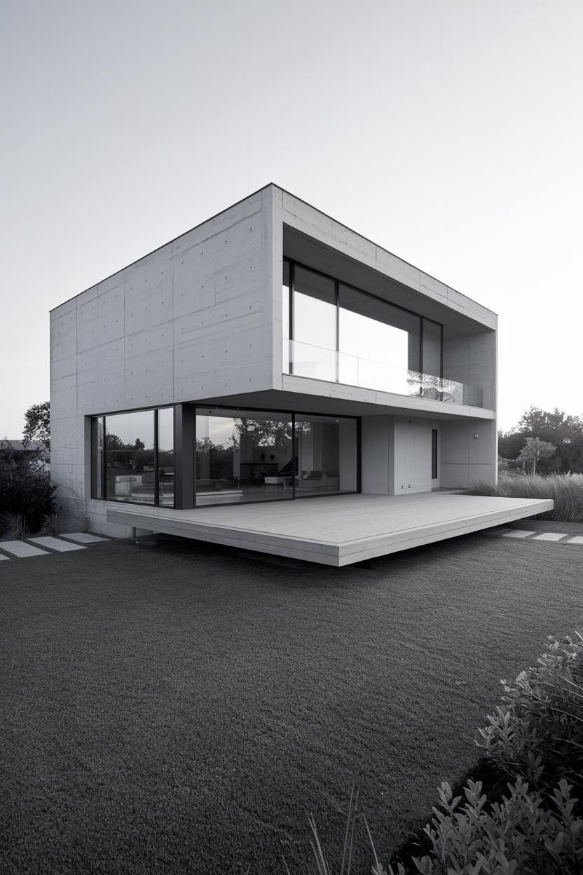 A minimalistic concrete house with large windows