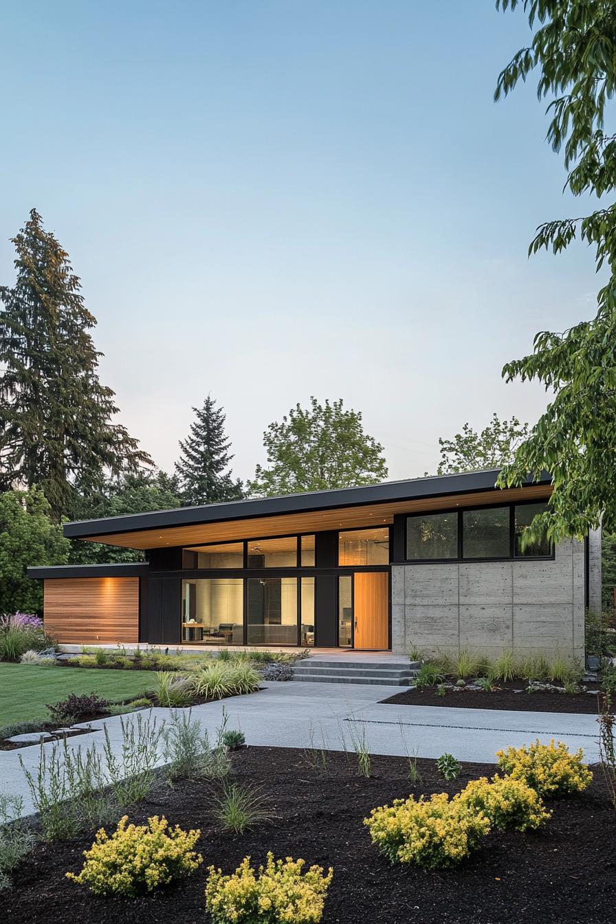 Modern single-story house with large windows and a green landscape