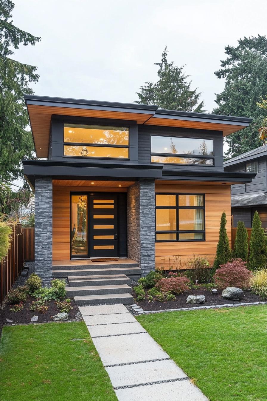 Modern minimalist two-story house with stone and wood facade