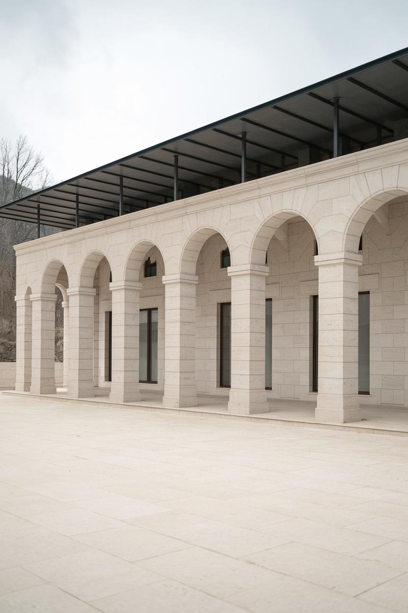 Arched building exterior with a modern roof