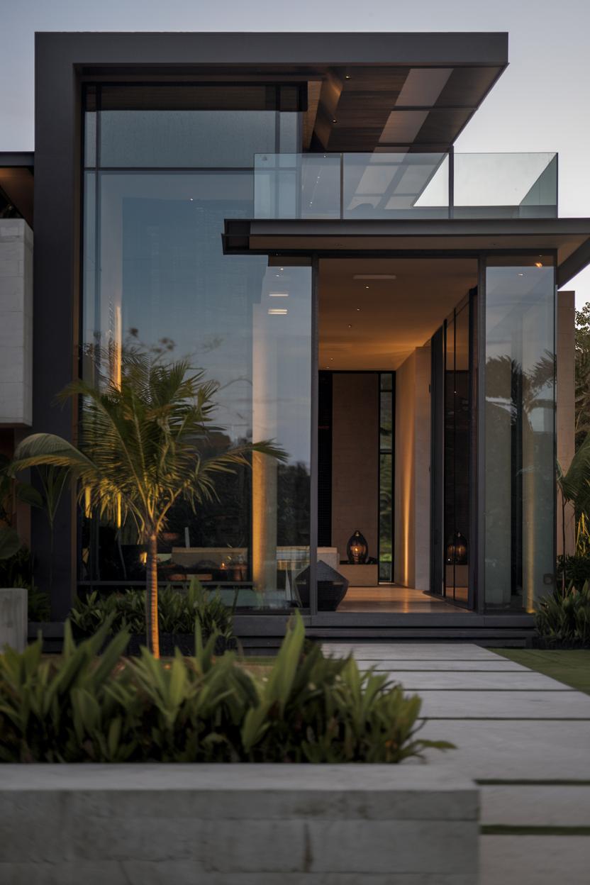 Modern glass-fronted villa with lush greenery