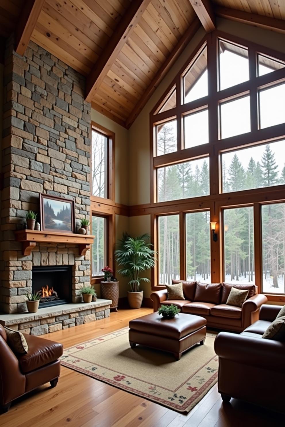 Cozy cabin interior with large windows and a stone fireplace