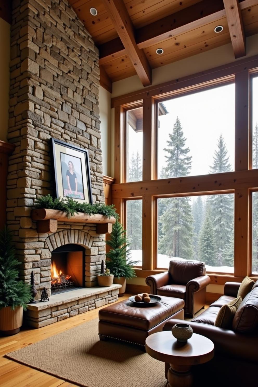 Cozy living room with stone fireplace and large windows