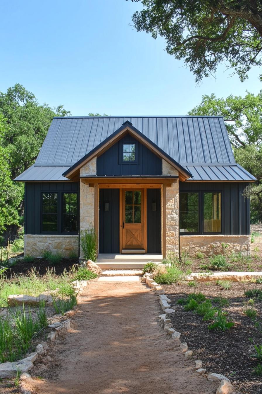 Metal house with wood and stone elements