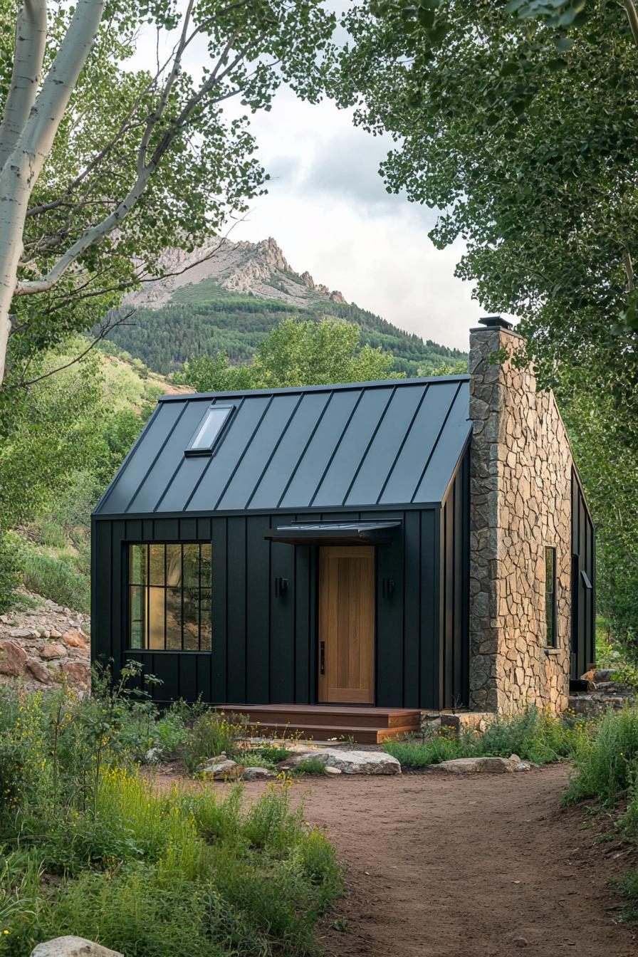 Small, modern metal building amid lush greenery