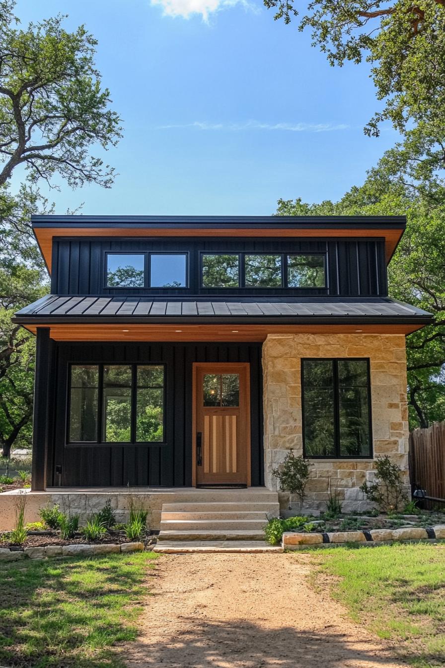 Contemporary small metal house with stone accents