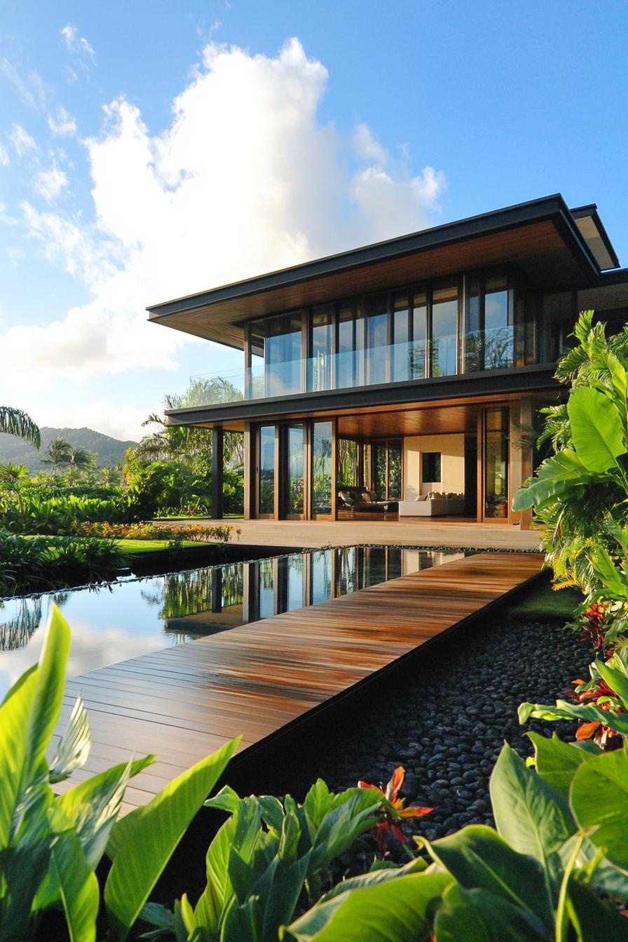 Modern tropical villa with lush foliage and sleek design