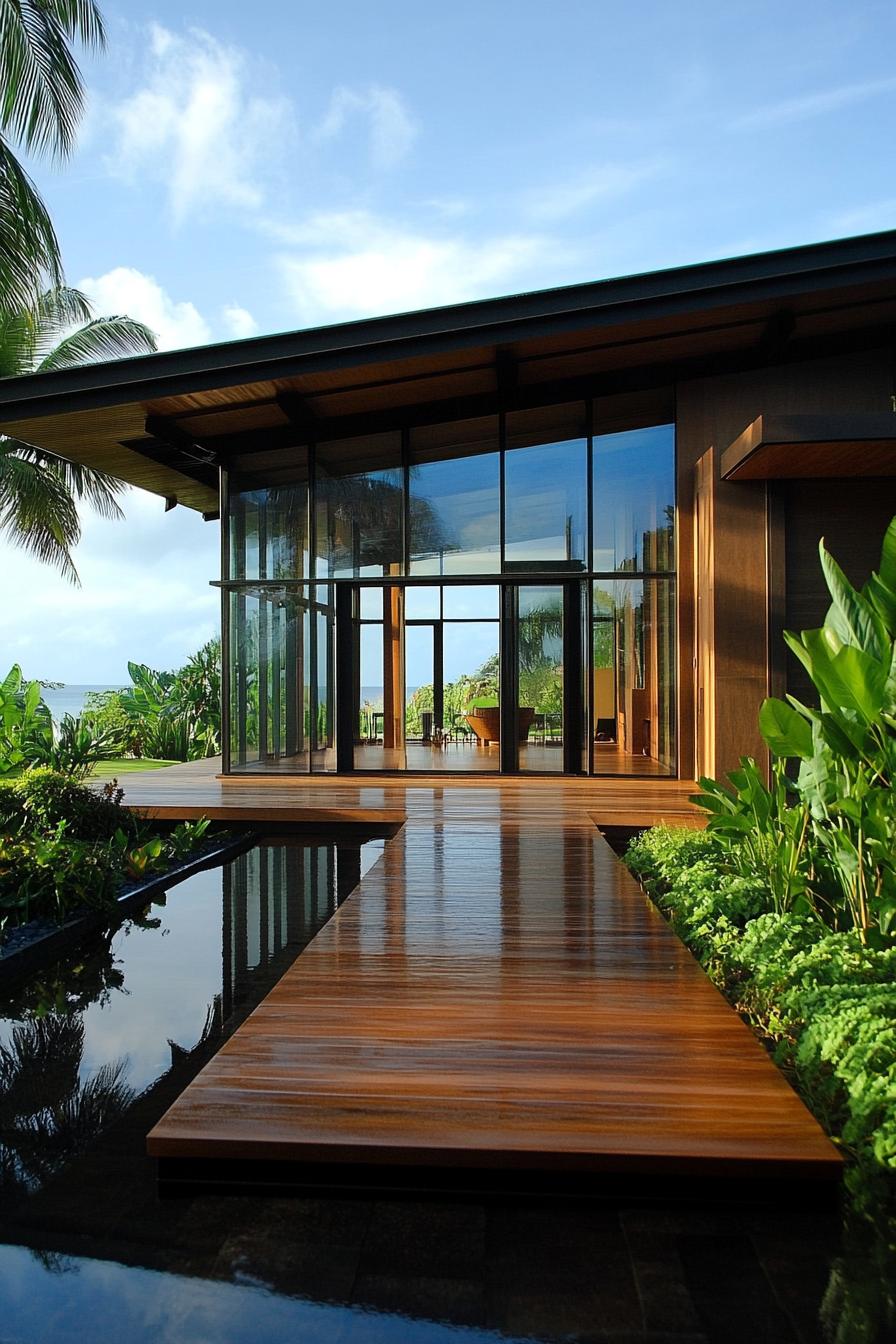 Modern villa with glass walls and wooden deck surrounded by lush greenery