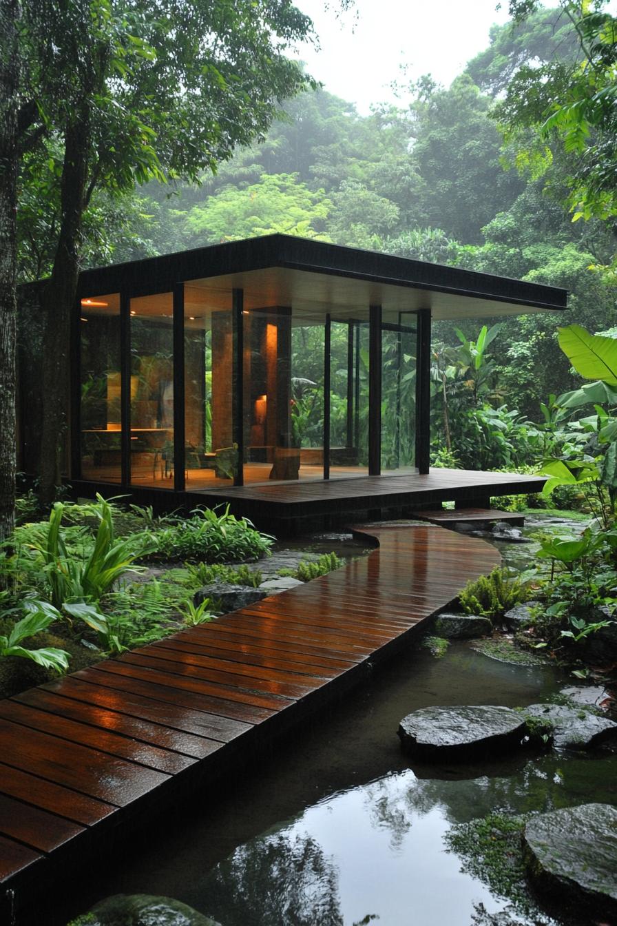 Modern pavilion in lush rainforest setting