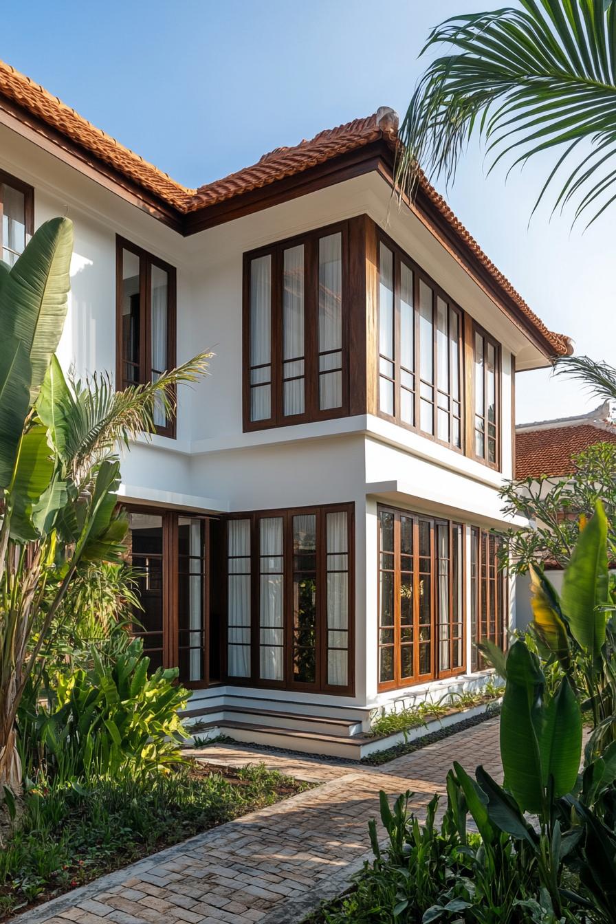 Modern Balinese house with red roof and lush garden