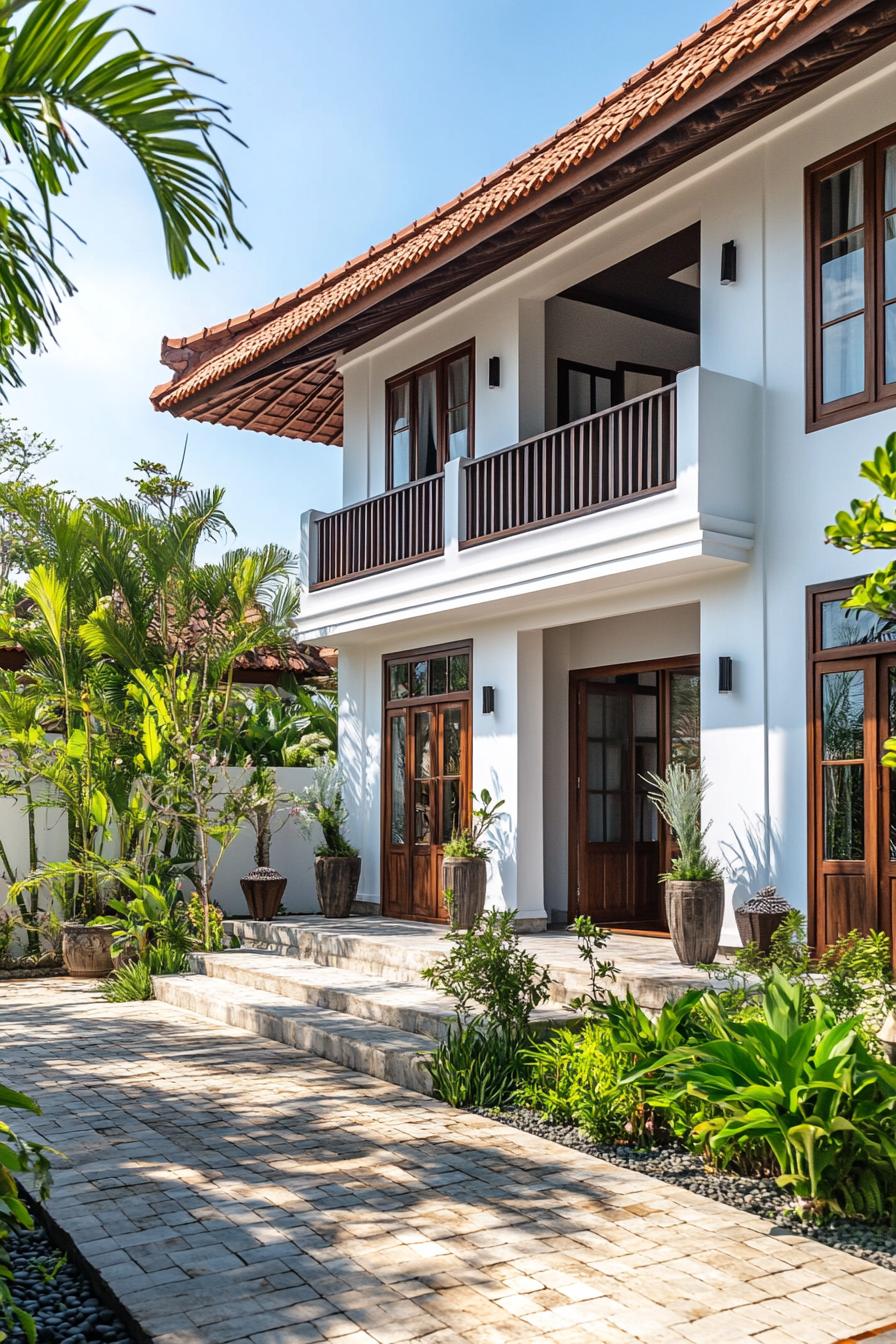 Chic two-story house with lush garden and wooden accents