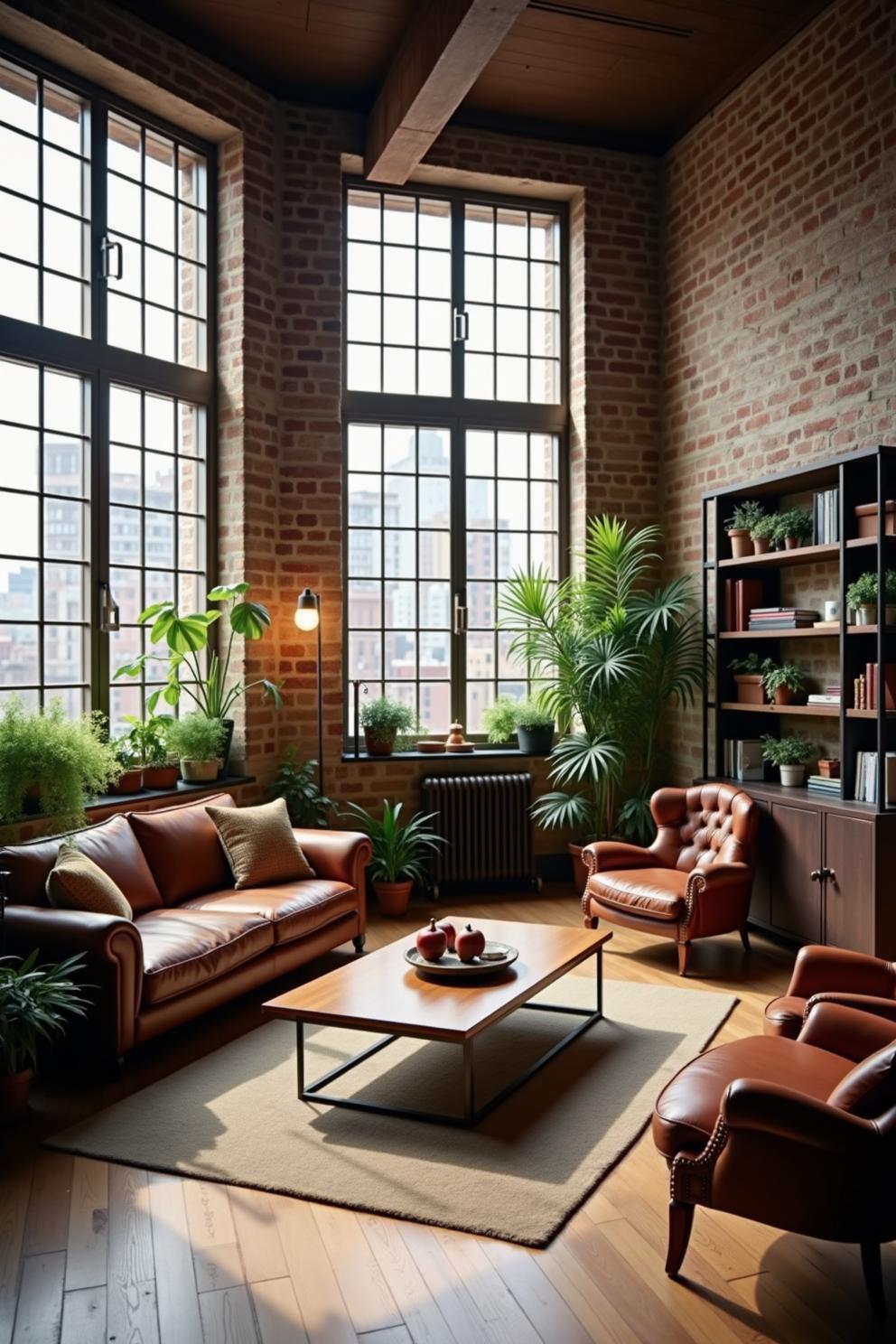 Modern loft with large windows and lush greenery