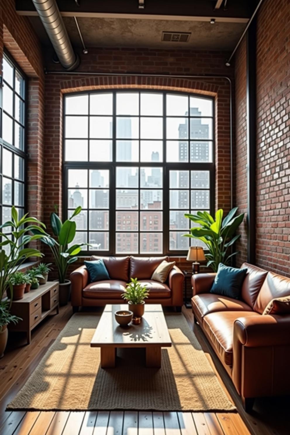 Loft living room with city view through large windows