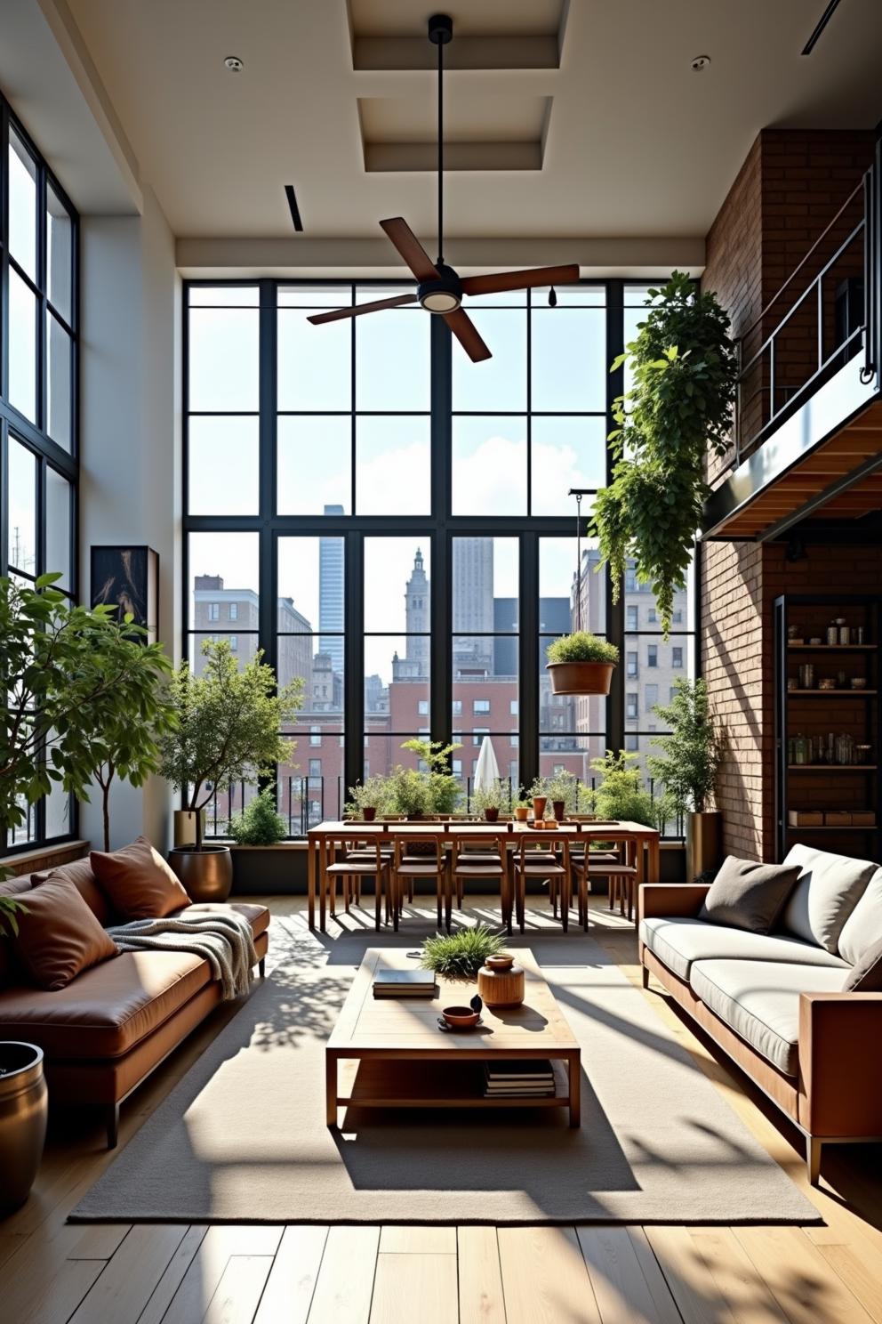 Bright loft space with large windows and cozy seating