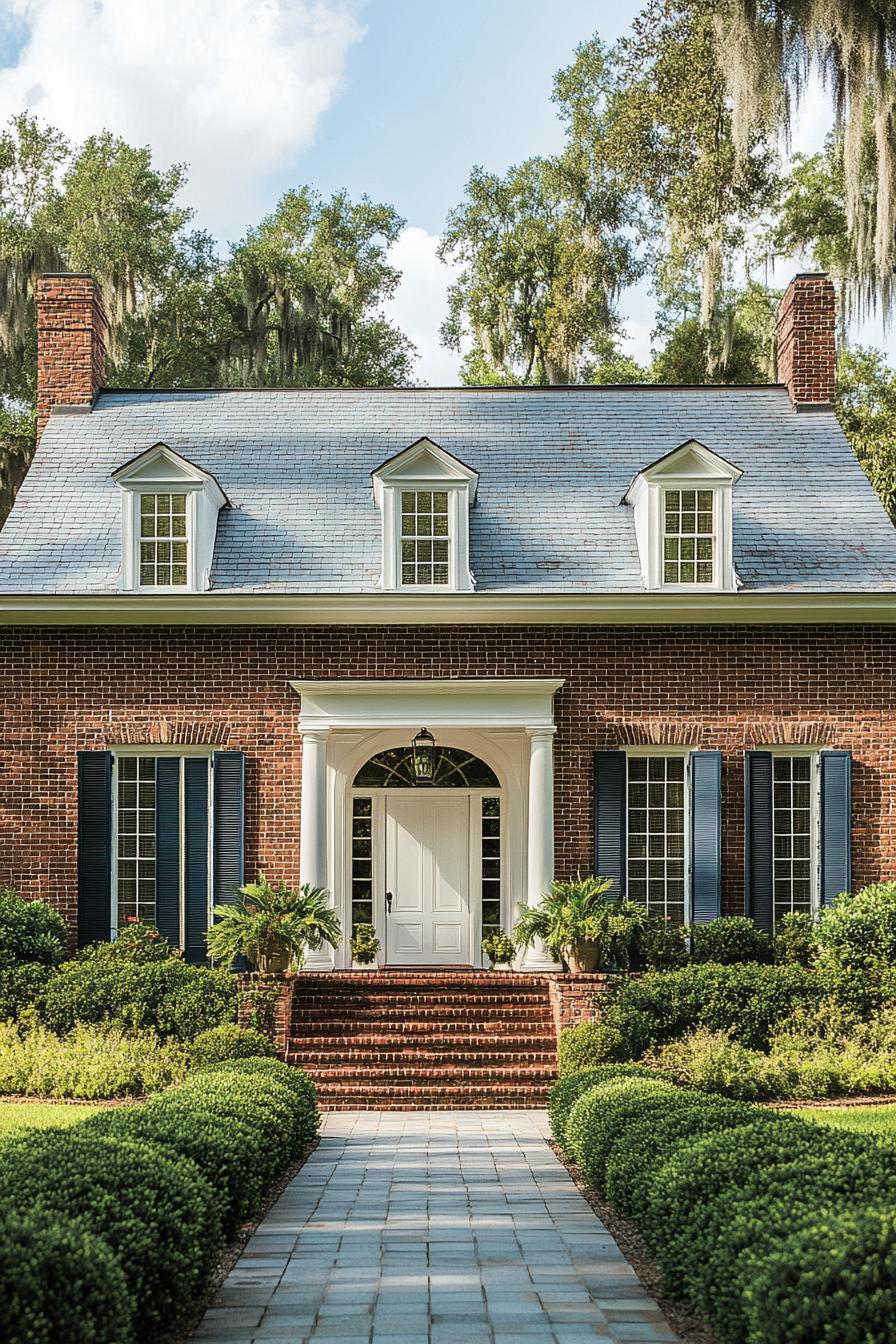 Red brick house with dormer windows and lush greenery