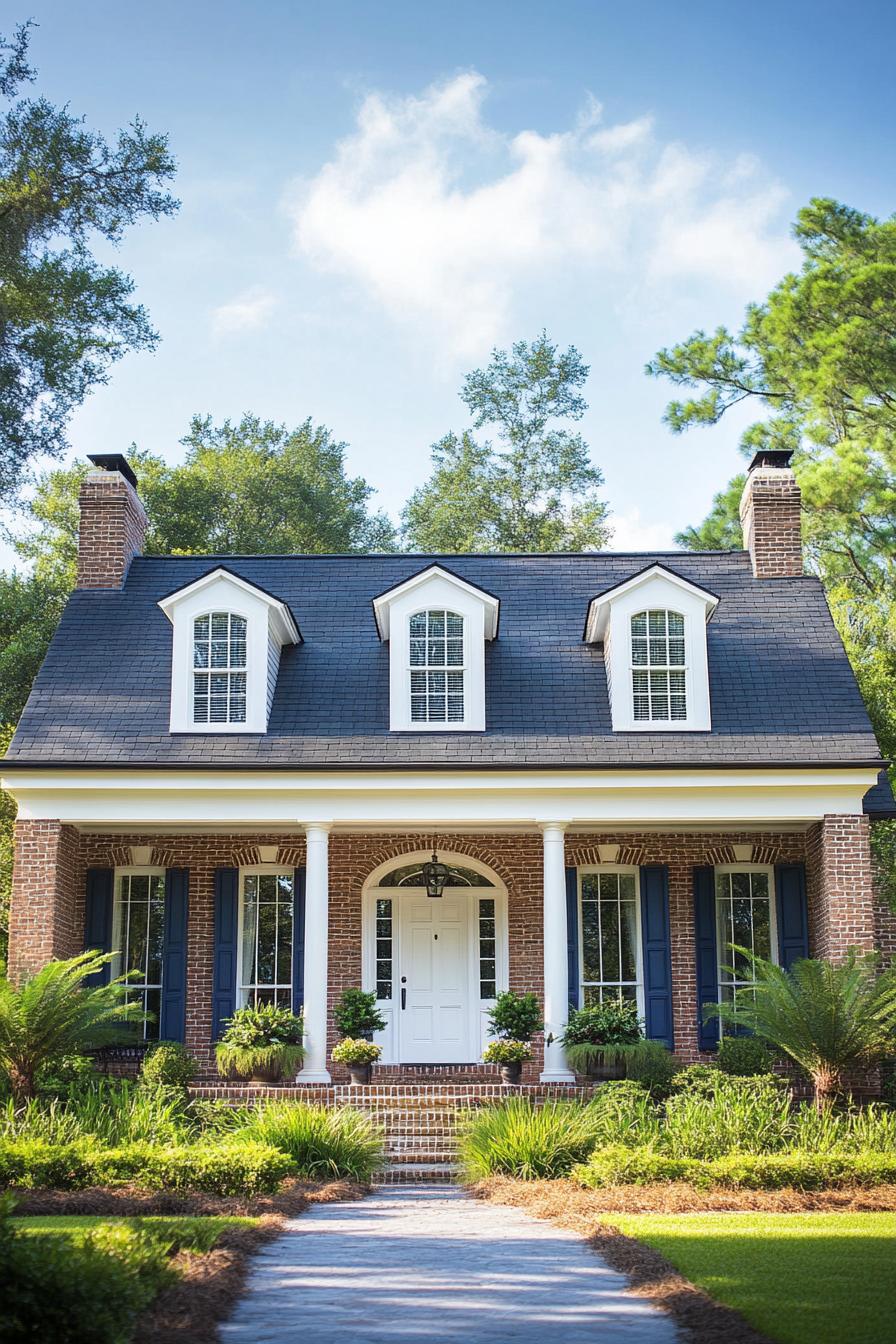 Two-story brick house with dormer windows and lush greenery