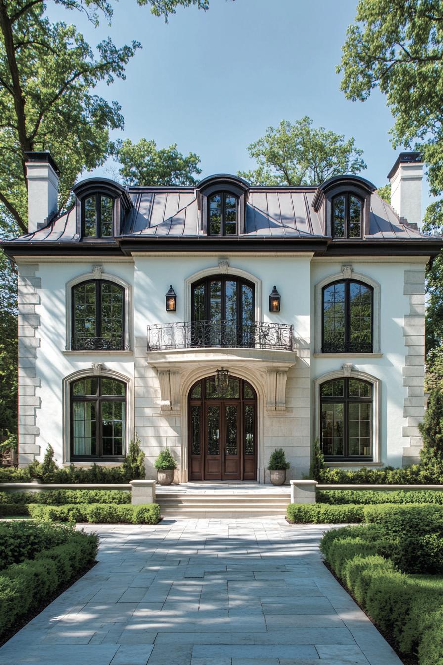 White colonial-style house with arched windows