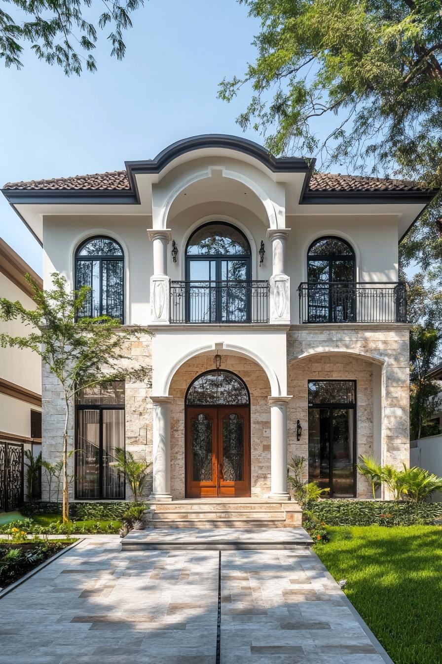 Two-story white house with arched windows and lush surroundings