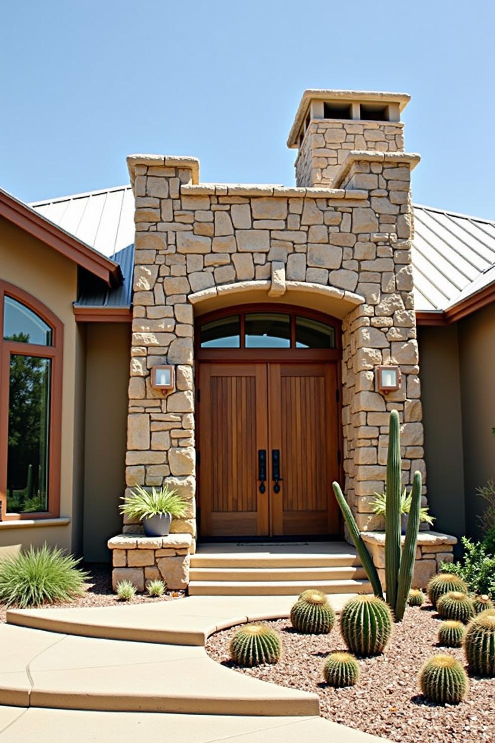 Front steps of a ranch house with stone facade and cacti